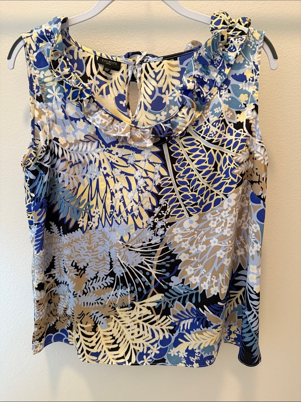 Talbots Blue Floral Ruffle Neck Sleeveless Top XLP